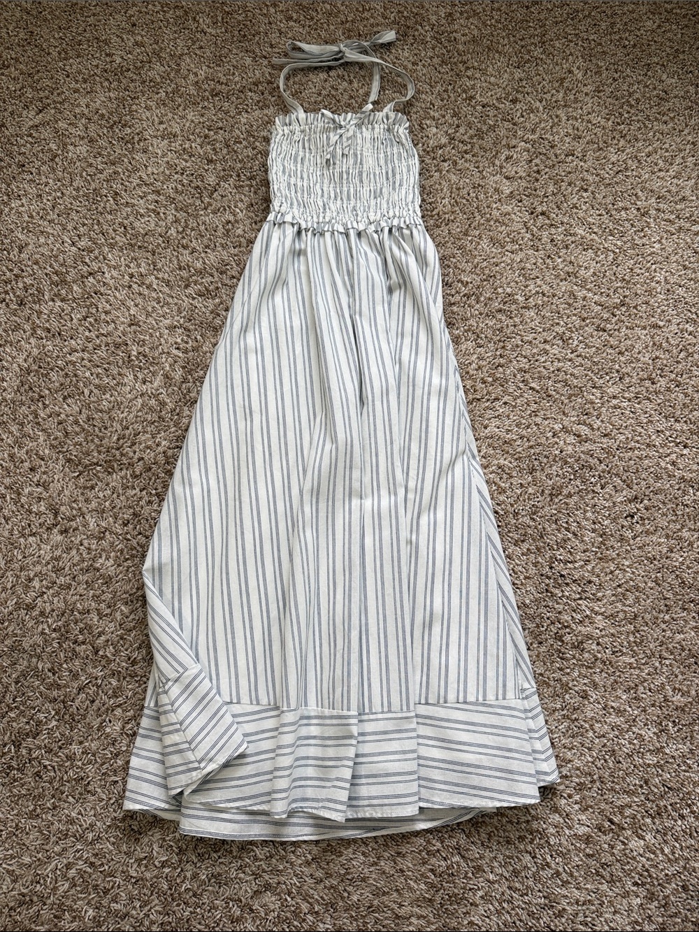 Altar’d State Women’s Deep Navy Striped Smocked Halter Maxi Dress